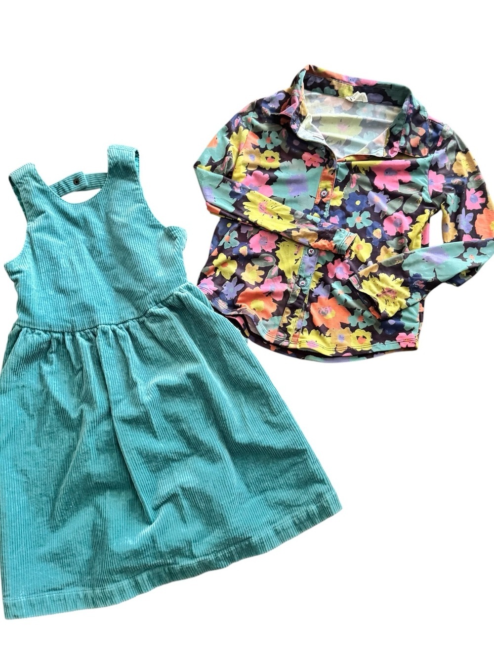 Finding Foxtail Girls Floral Shirt and Teal Corduroy Pinafore Dress Set, Size 7
